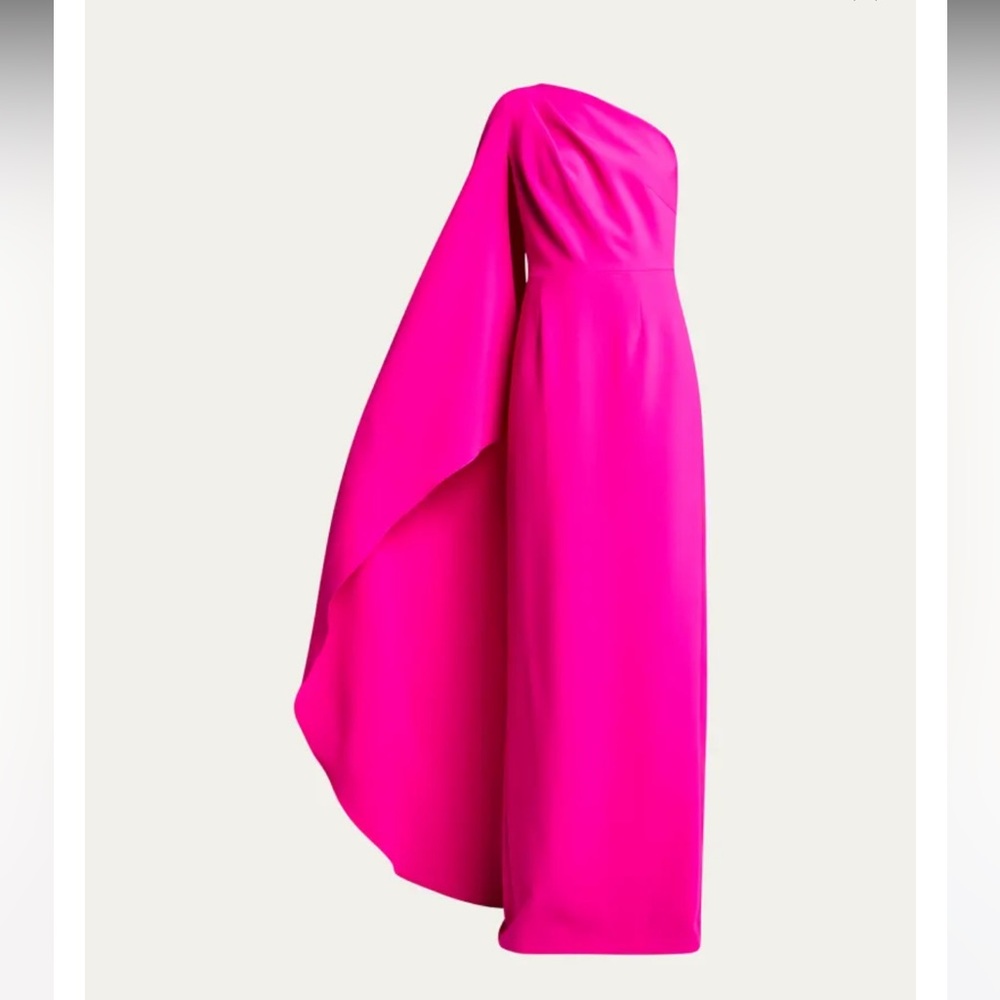Teri Jon Cape-Sleeve One-Shoulder Crepe Gown